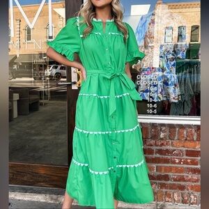 entro Green Tiered Maxi Dress with Waist Tie